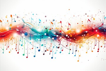 Colorful abstract musical background with neural network flying music notes on white backdrop