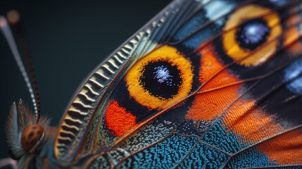 Extreme zoom on a butterfly's dainty wing, highlighting elaborate patterns and lively colors. - obrazy, fototapety, plakaty