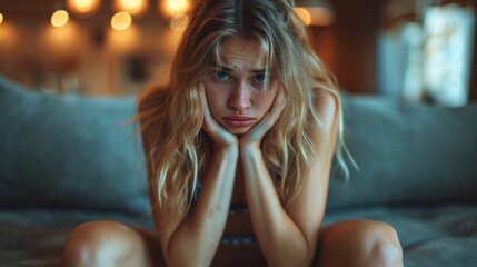 Portrait of sad young woman in lingerie sitting on the bed.