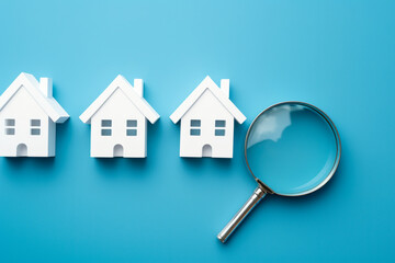 Magnifying glass and three white house icons on blue background. House search, home buying, loan, mortgage and real estate investment. Choice of real estate to buy and invest in. Hunt for new property - obrazy, fototapety, plakaty