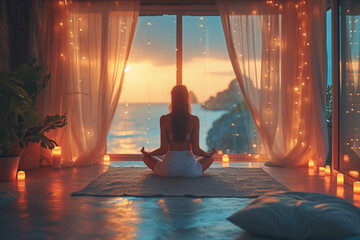 Describe a serene meditation area with gentle illumination and an individual deeply engrossed in mindfulness or yoga. - obrazy, fototapety, plakaty