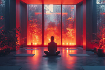 Render a tranquil meditation space characterized by subdued lighting and someone engaging in mindfulness or yoga.