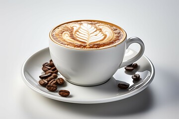 White cup of coffee with coffee bean isolated on white background