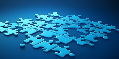 3d rendering of blue puzzle pieces on blue background with copy space
