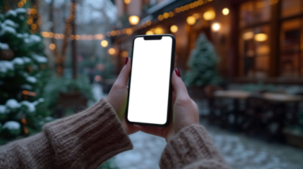 Close-up of a person's hands holding a smartphone with a isolated display, sitting in a cozy café with a blurred background.