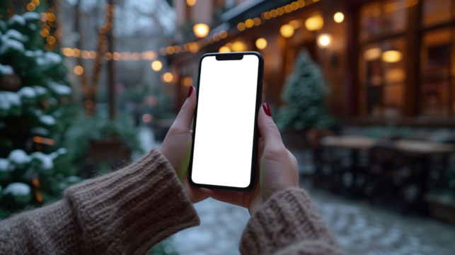Close-up of a person's hands holding a smartphone with a isolated display, sitting in a cozy café with a blurred background.