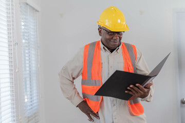 American construction site manager standing with folded arms wearing safety vest and helmet, thinking in the office. Used laptop for checking job satisfaction.