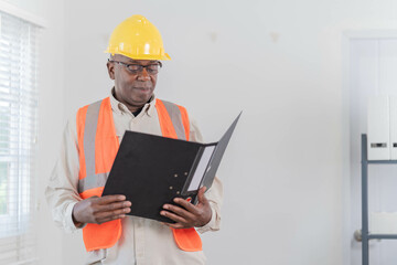Professional of man architect industrial engineer Standing in the office, foreman in helmet using laptop working with new construction project architectural plan.