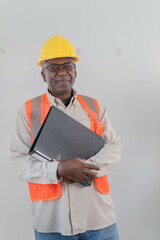  engineer handsome man or architect looking forward with white safety helmet in the office.