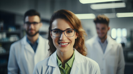 Beautiful young woman scientist wearing white coat and glasses in modern medical science laboratory with team of specialists on background.