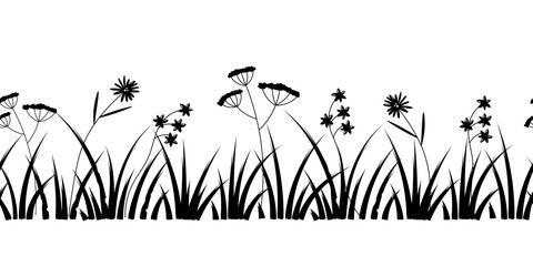 Fototapeta na wymiar Grass and flowers doodle seamless border. Doodle herb, organic pattern. Vector illustration. Hand drawn grass field. 