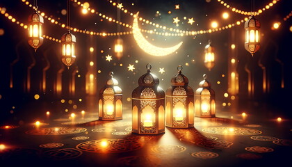 Experience the Eid Mubarak Radiance with this Ramadan Lantern Glow Background, perfect for Greeting Cards, Wallpapers, Banners, and Presentations.
