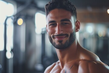 Portrait men healthy body weak smile in joy, in white gym background 
