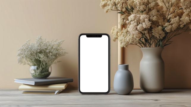 A sleek, modern smartphone on a minimalistic desk with a neutral background, isolated screen for app display mockup. - Powered by Adobe