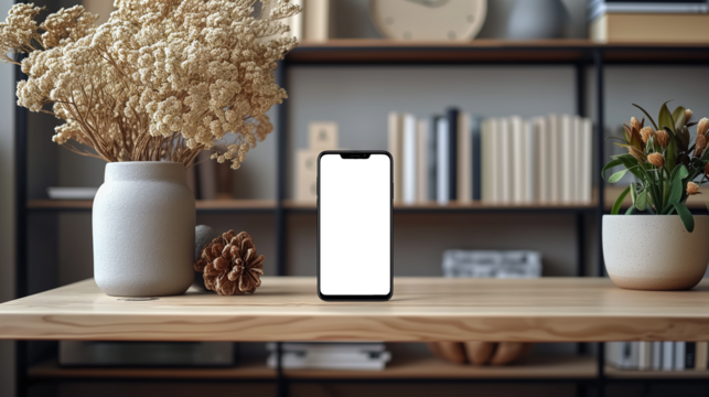 A sleek, modern smartphone on a minimalistic desk with a neutral background, isolated screen for app display mockup.