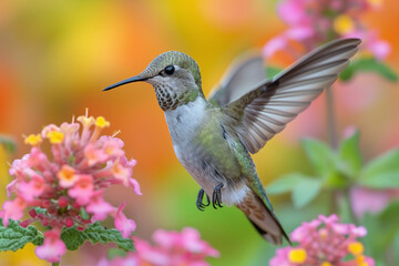 A hummingbird frozen in mid-air while hovering near a flower, highlighting its agility and delicate beauty.