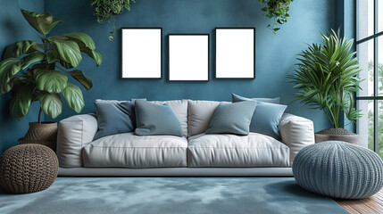 A cozy, modern living room with blank picture frames on the wall, a plush sofa, and stylish decor, ready for interior design mockups.