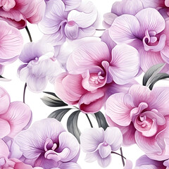 A seamless pattern of pink and purple orchids on a white background.