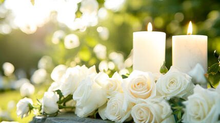 Obraz premium Funeral white flowers and white candles near the memorial outdoors close-up