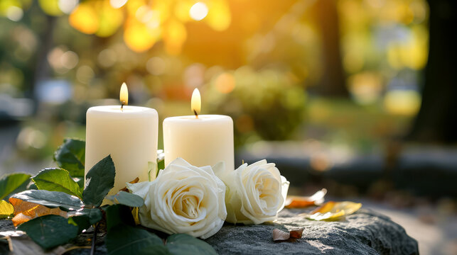 Funeral white flowers and white candles near the memorial outdoors close-up