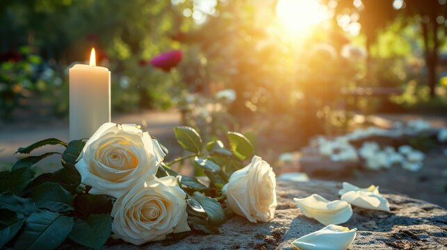 Funeral white flowers and white candles near the memorial outdoors close-up