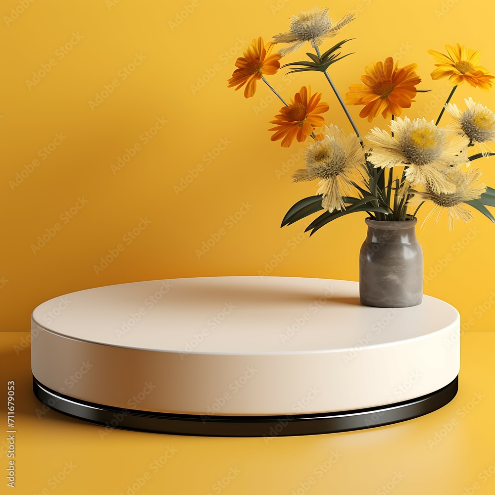 Poster 3d render of minimal product display podium with flowers in vase