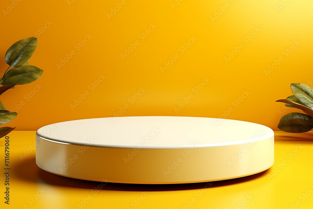 Poster 3d rendering of a white round podium on a yellow background