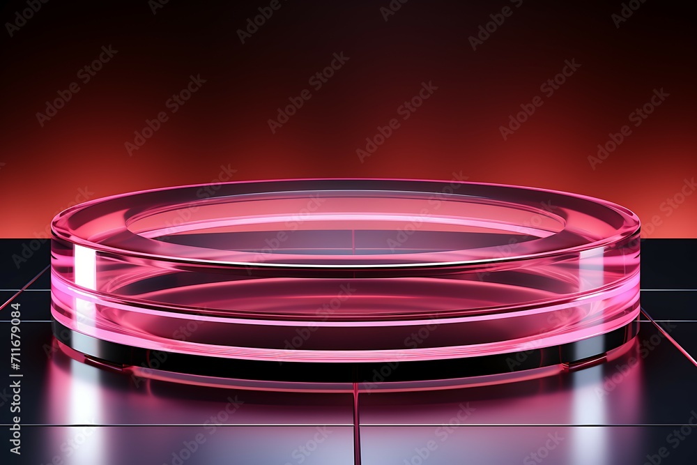Poster empty round podium on a red background. 3d illustration. side view