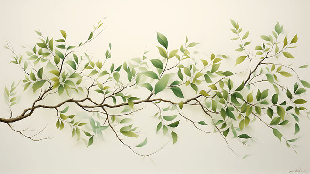 Tree branch with green leaves on a white background. Vector illustration.