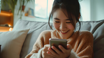 Smiling young beauty asian woman at home relaxed texting using mobile phone, technology communication concept - obrazy, fototapety, plakaty