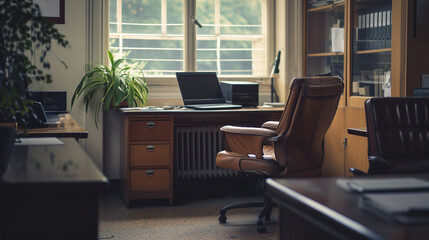 Ein rustikales Büro mit Lederstuhl und Holzschreibtisch