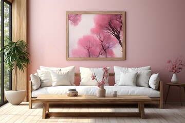 Fototapeta na wymiar Interior of modern living room with pink wall, arm chair and painting 3D rendering