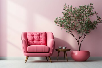 Interior of living room with pink armchair, coffee table and lamp. 3d render