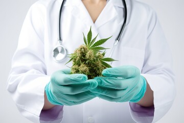 the doctor holds a marijuana leaf in his hands.