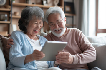 Ein altes Ehepaar hat Spaß am Tablet oder Notebook und surft im Internet