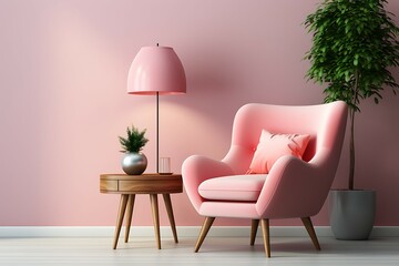 Interior with pink armchair, plant and pink lamp, 3d render illustration