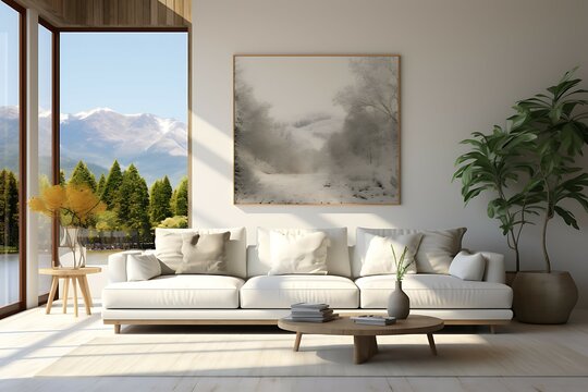 Interior design modern living room with white sofa 3d render image