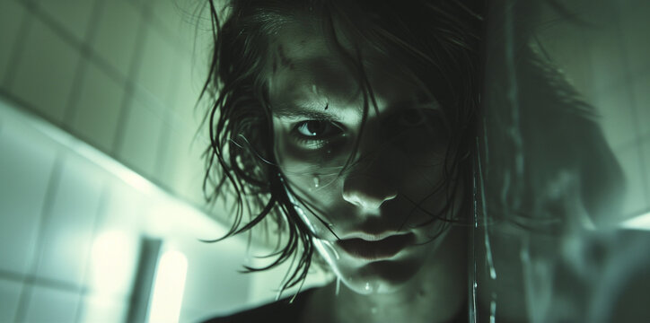 Ein verst&ouml;rter Mann oder Psychopath in einer Klink schaut in die Kamera