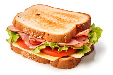 Sandwich with ham, cheese, tomato and lettuce isolated on white background - obrazy, fototapety, plakaty