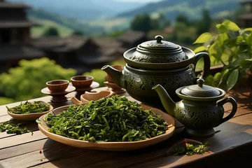 Foto op Plexiglas Mint tea in a glass cup on a dark wooden background. Green tea © MDEMRAN