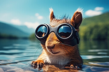 squirrel with swimming goggles - obrazy, fototapety, plakaty