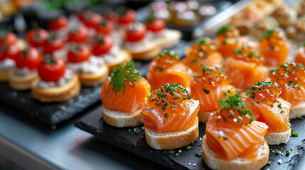 Mini canapes, snacks, and appetizers. Seafood, delicacies, restaurants, and special events.