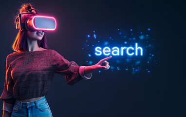 
A young woman in virtual reality headphones explores vibrant illustrations of a search bar saying 