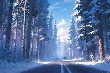 Winter road in the forest at sunset. New Year background