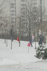 Kyiv, Ukraine - January 20, 2024:cozy sleeping district of Borshchagivka. people are walking in the park on a day off.There are many different trees in Yunist Park. is located near residential buildin