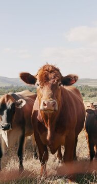 Sustainability, farming and cows on field, portrait of animals in countryside with mountains on ranch. Nature, grass and group of cattle grazing on farm with agriculture, land and morning blue sky.