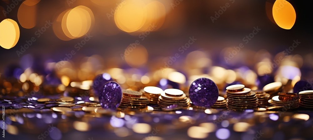 Aufkleber abstract purple and gold glitter bokeh background with shining texture and sparkling particles