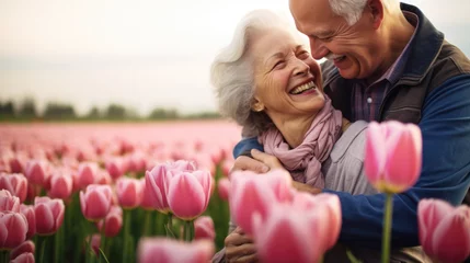 Fotobehang Joyful mature couple in red tulip flowers spring blooming field sharing a moment © dvoevnore