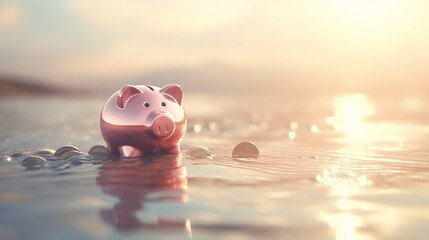 Half submerged piggy bank illustrating financial debts, bankruptcy, and loss of money concept - obrazy, fototapety, plakaty