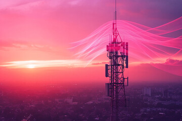 Cell tower with pink digital waves at sunset